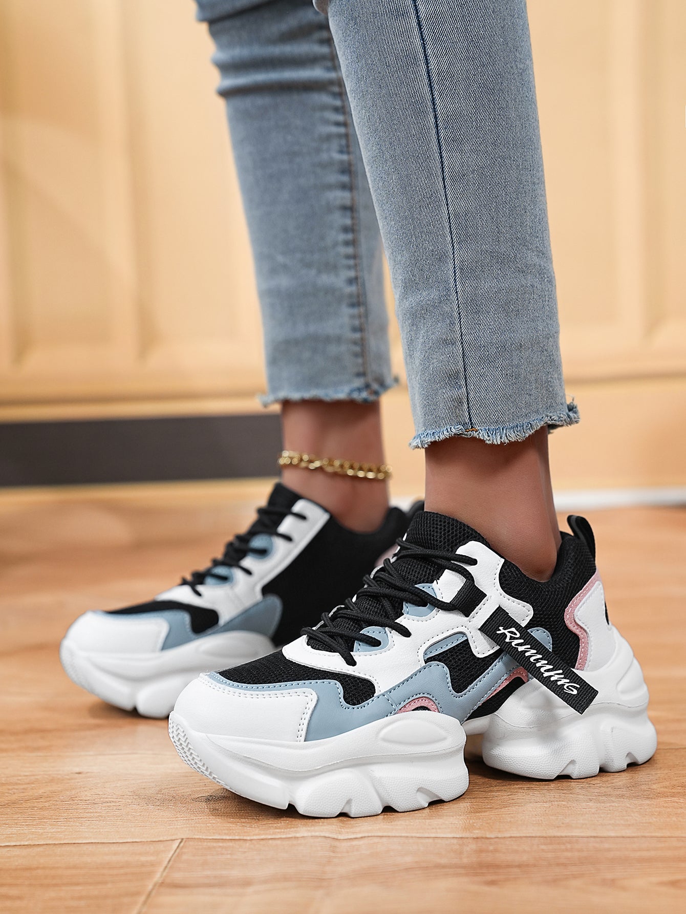 Women's Chunky Sole Dad Sneakers - Stylish Black White Pink Color Block Casual Comfortable Platform Shoes for Daily Wear