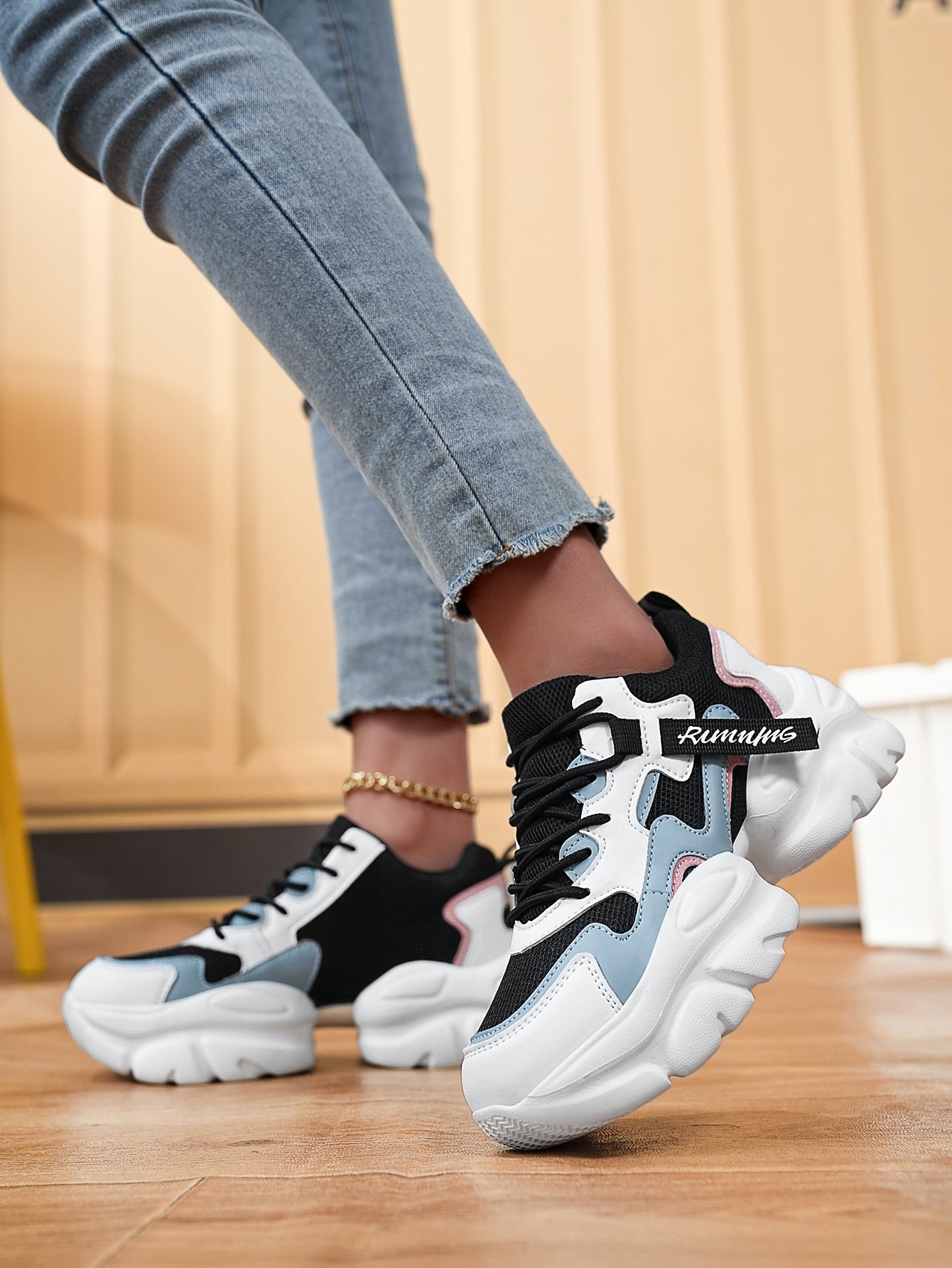 Women's Chunky Sole Dad Sneakers - Stylish Black White Pink Color Block Casual Comfortable Platform Shoes for Daily Wear