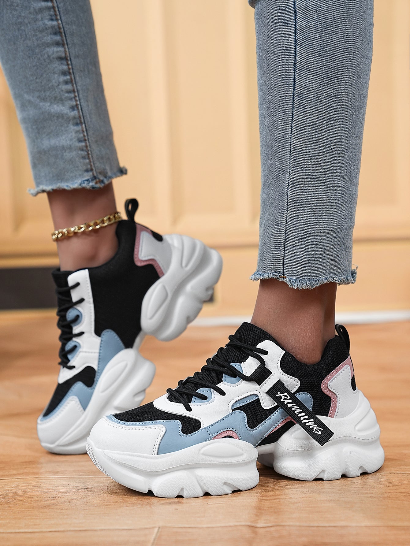 Women's Chunky Sole Dad Sneakers - Stylish Black White Pink Color Block Casual Comfortable Platform Shoes for Daily Wear