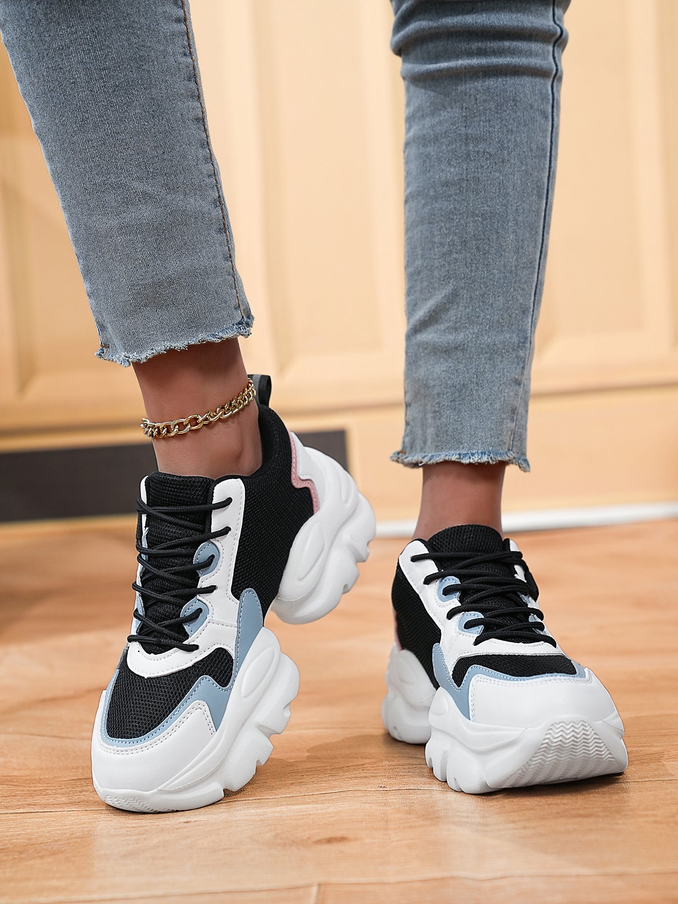 Women's Chunky Sole Dad Sneakers - Stylish Black White Pink Color Block Casual Comfortable Platform Shoes for Daily Wear