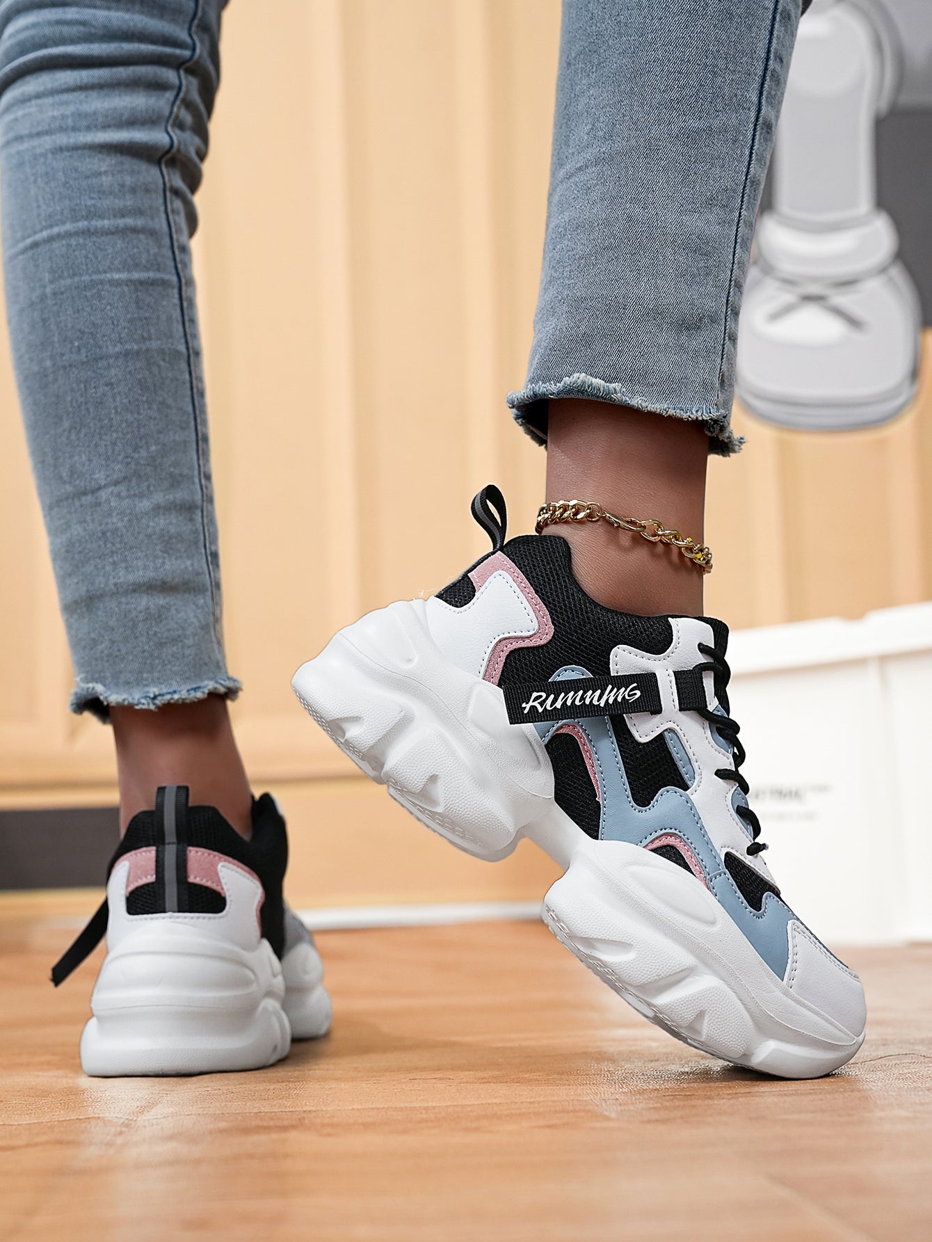 Women's Chunky Sole Dad Sneakers - Stylish Black White Pink Color Block Casual Comfortable Platform Shoes for Daily Wear