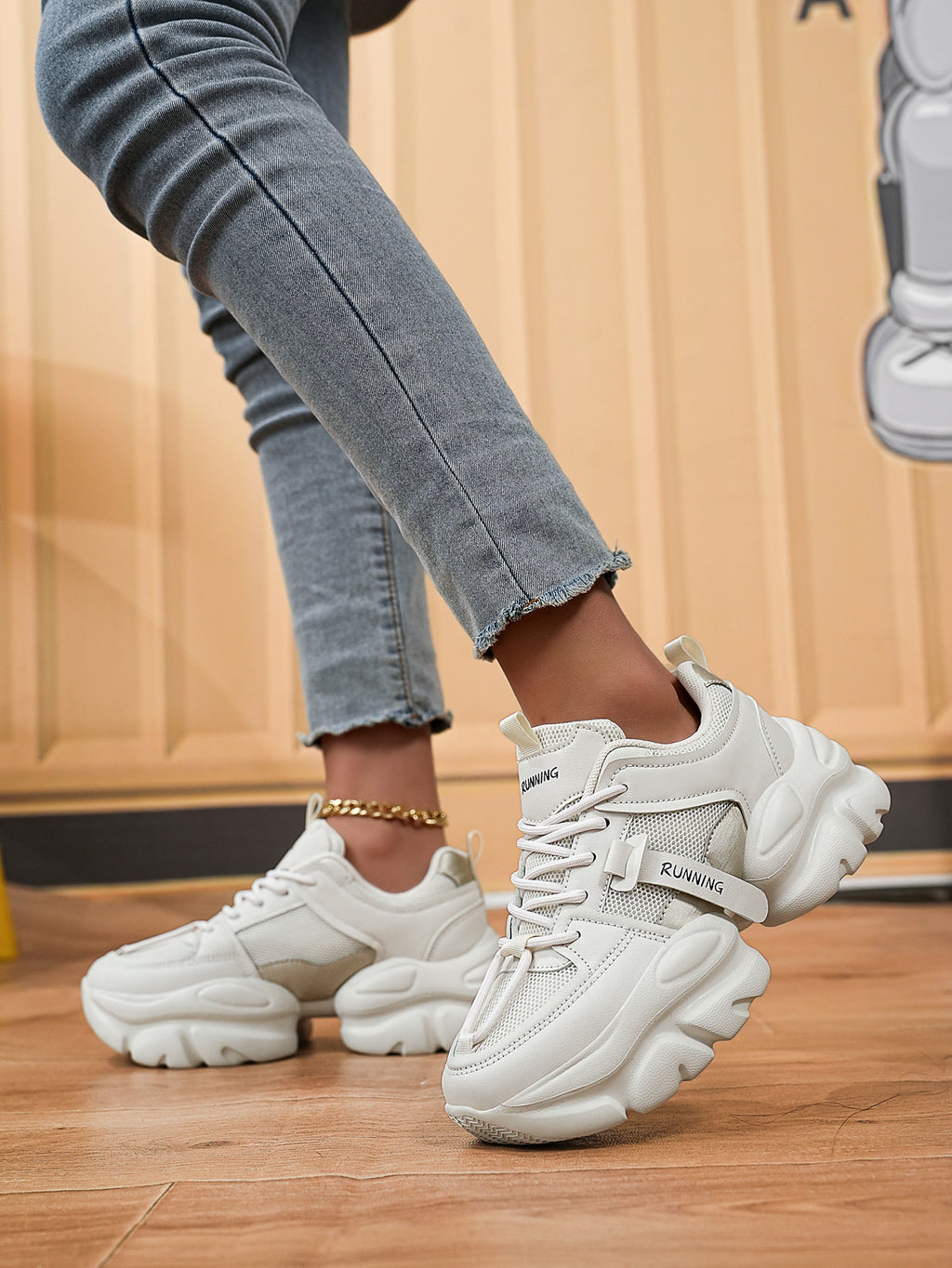 Women's White Chunky Sole Sneakers - Breathable Mesh Platform Shoes Fashion Casual Thick Bottom Height Increasing Shoes