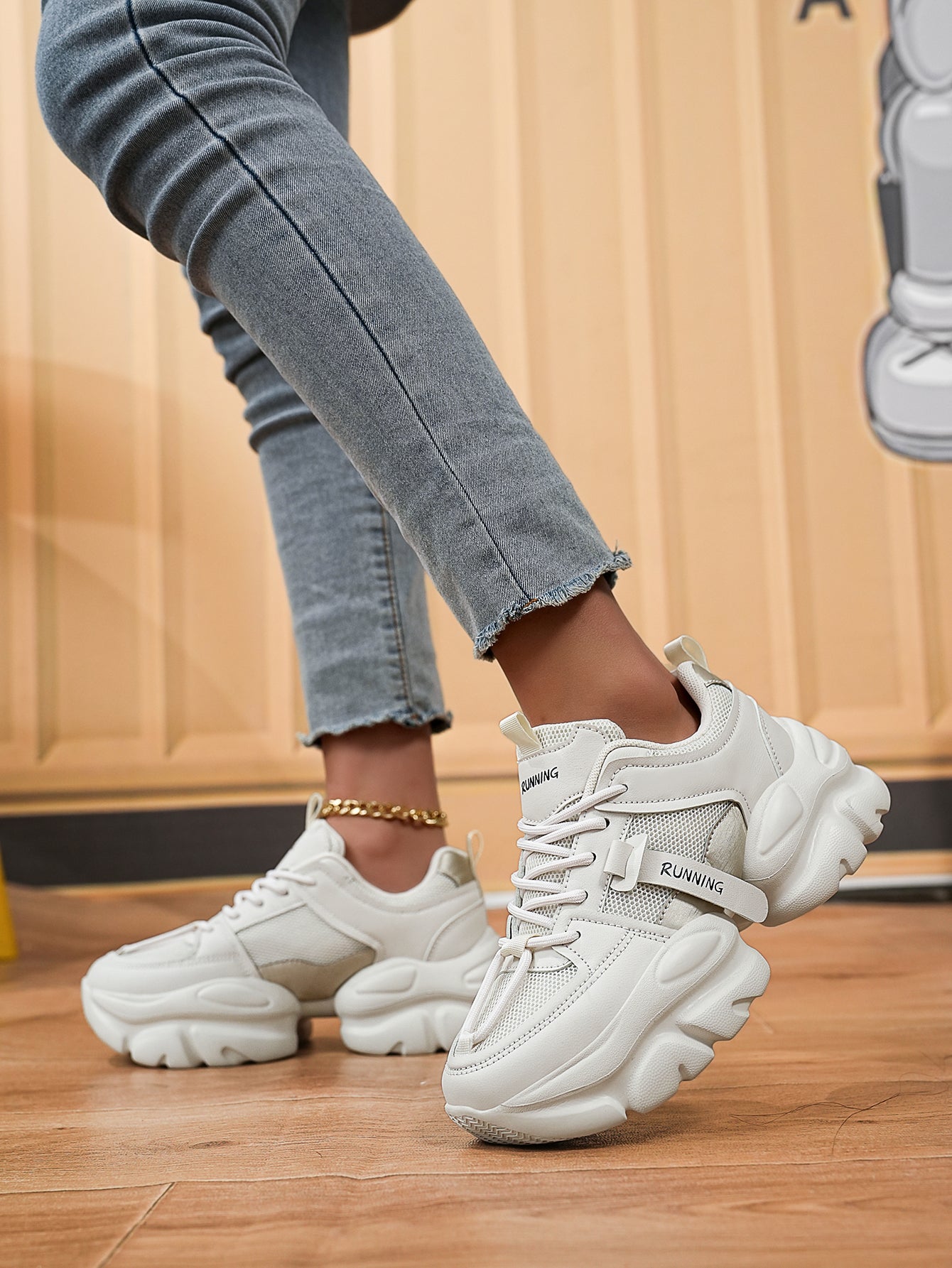 Women's White Chunky Sole Sneakers - Breathable Mesh Platform Shoes Fashion Casual Thick Bottom Height Increasing Shoes