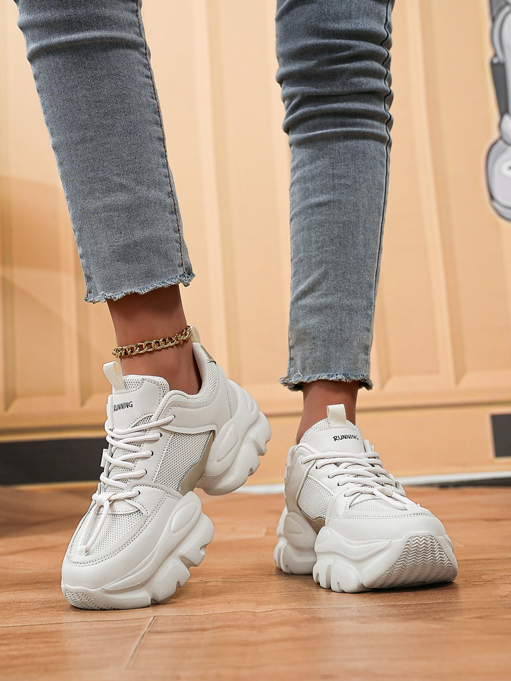 Women's White Chunky Sole Sneakers - Breathable Mesh Platform Shoes Fashion Casual Thick Bottom Height Increasing Shoes