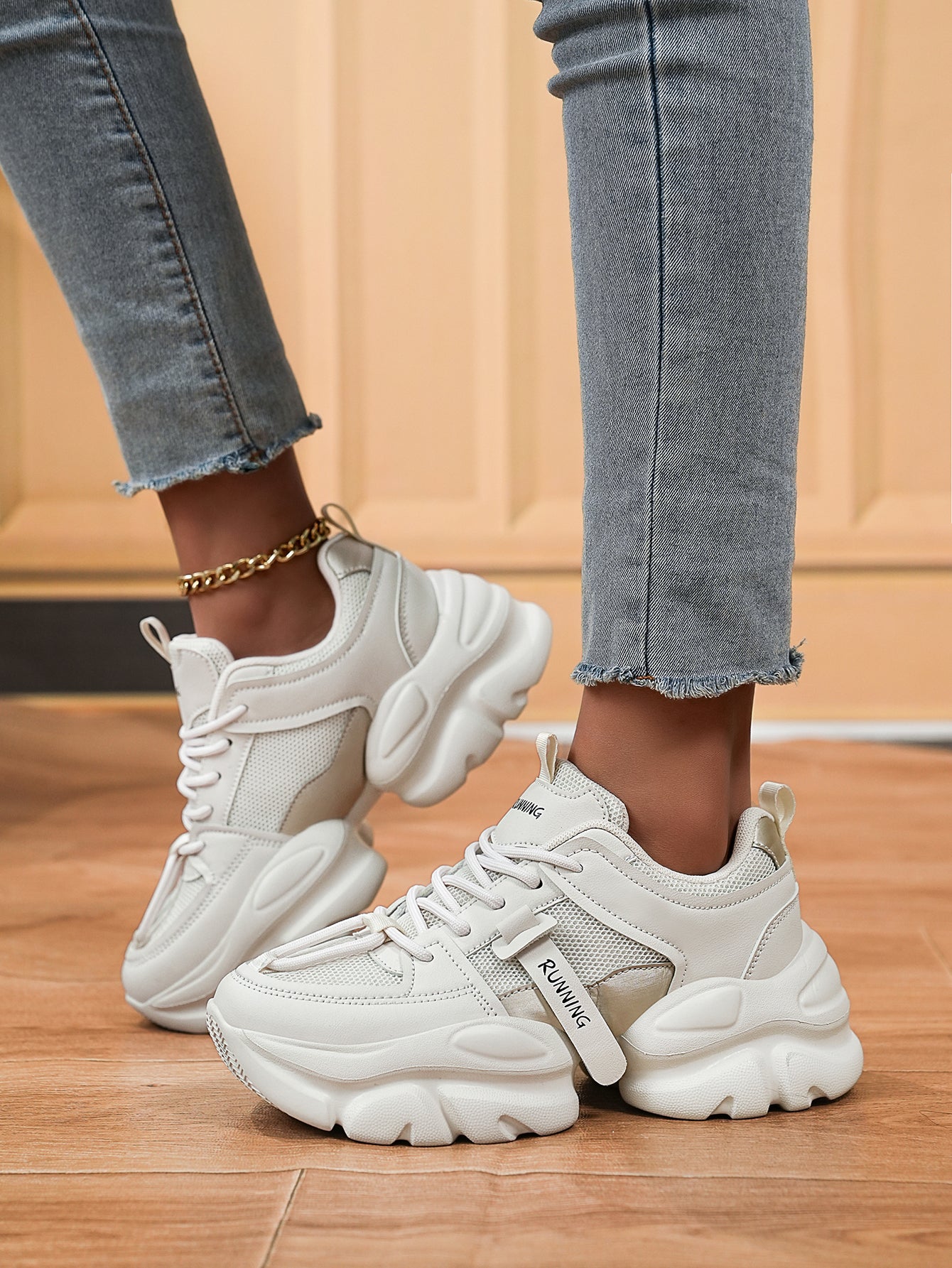 Women's White Chunky Sole Sneakers - Breathable Mesh Platform Shoes Fashion Casual Thick Bottom Height Increasing Shoes