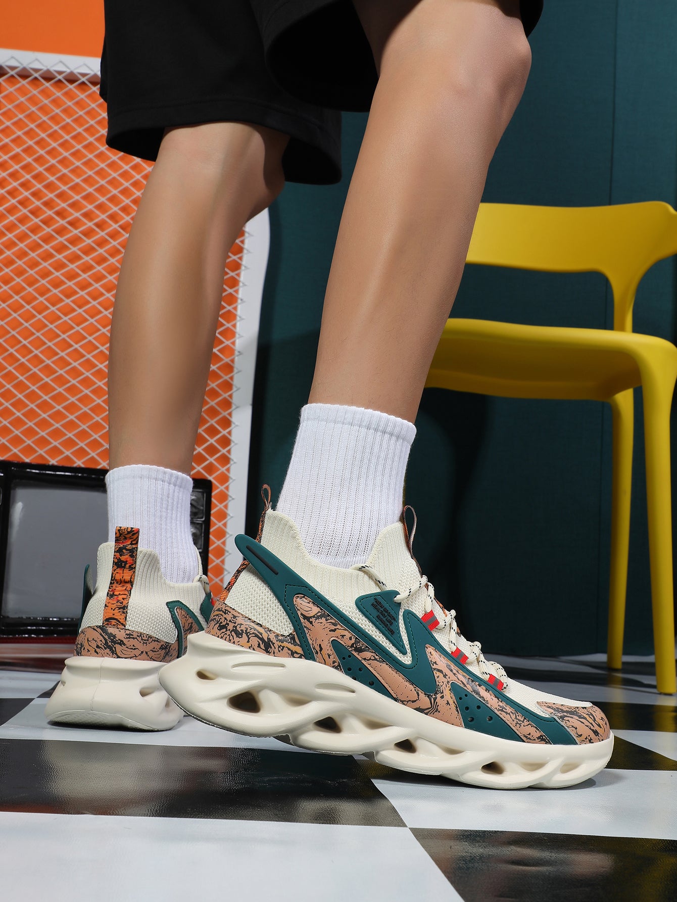 2025 New Men's Fashion Sneakers - White with Black Pattern, Breathable Lightweight Casual Shoes, Stylish Chunky Sole Athletic Footwear