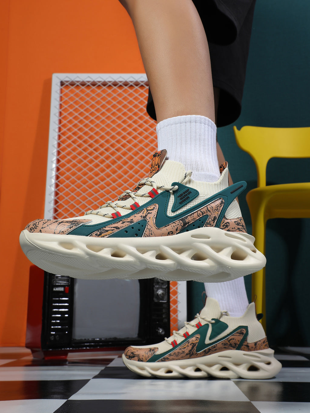 2025 New Men's Fashion Sneakers - White with Black Pattern, Breathable Lightweight Casual Shoes, Stylish Chunky Sole Athletic Footwear