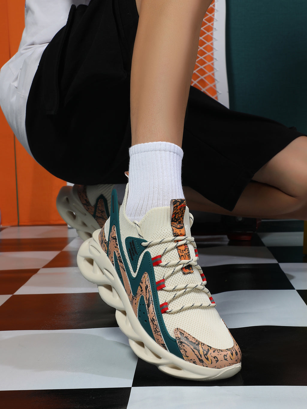 2025 New Men's Fashion Sneakers - White with Black Pattern, Breathable Lightweight Casual Shoes, Stylish Chunky Sole Athletic Footwear