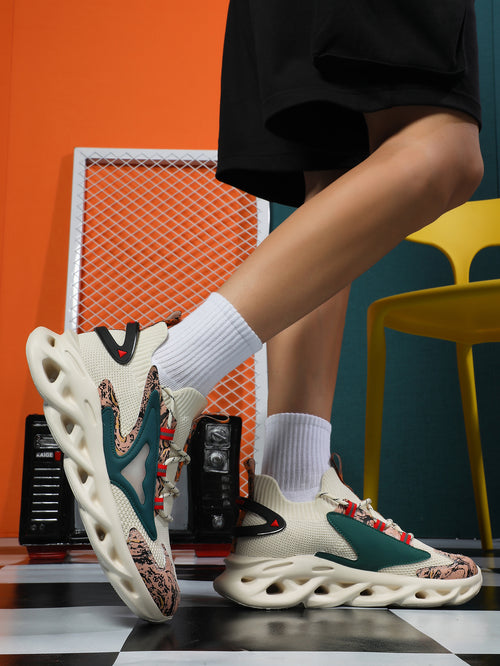 2025 Men's Mesh Sneakers - Beige Breathable Knit Upper, Multicolor Accent, Lightweight Comfortable Wavy Sole Casual Athletic Shoes