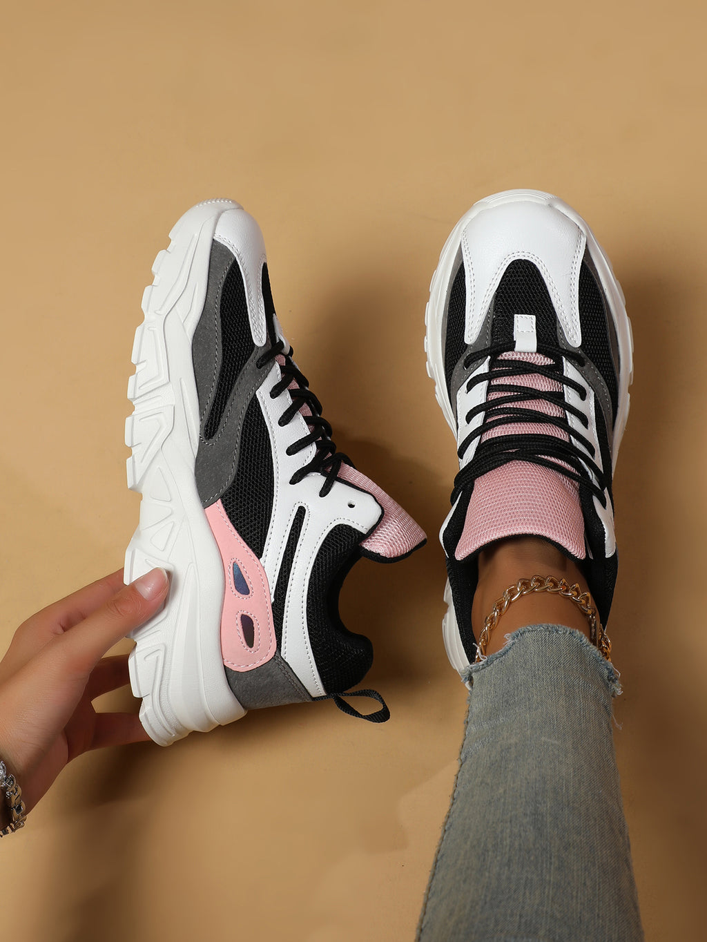 2025 New Women's Color-Block Chunky Dad Sneakers - Black White Pink Mesh Panel, Thick Sole, Retro Fashion Casual Athletic Shoes