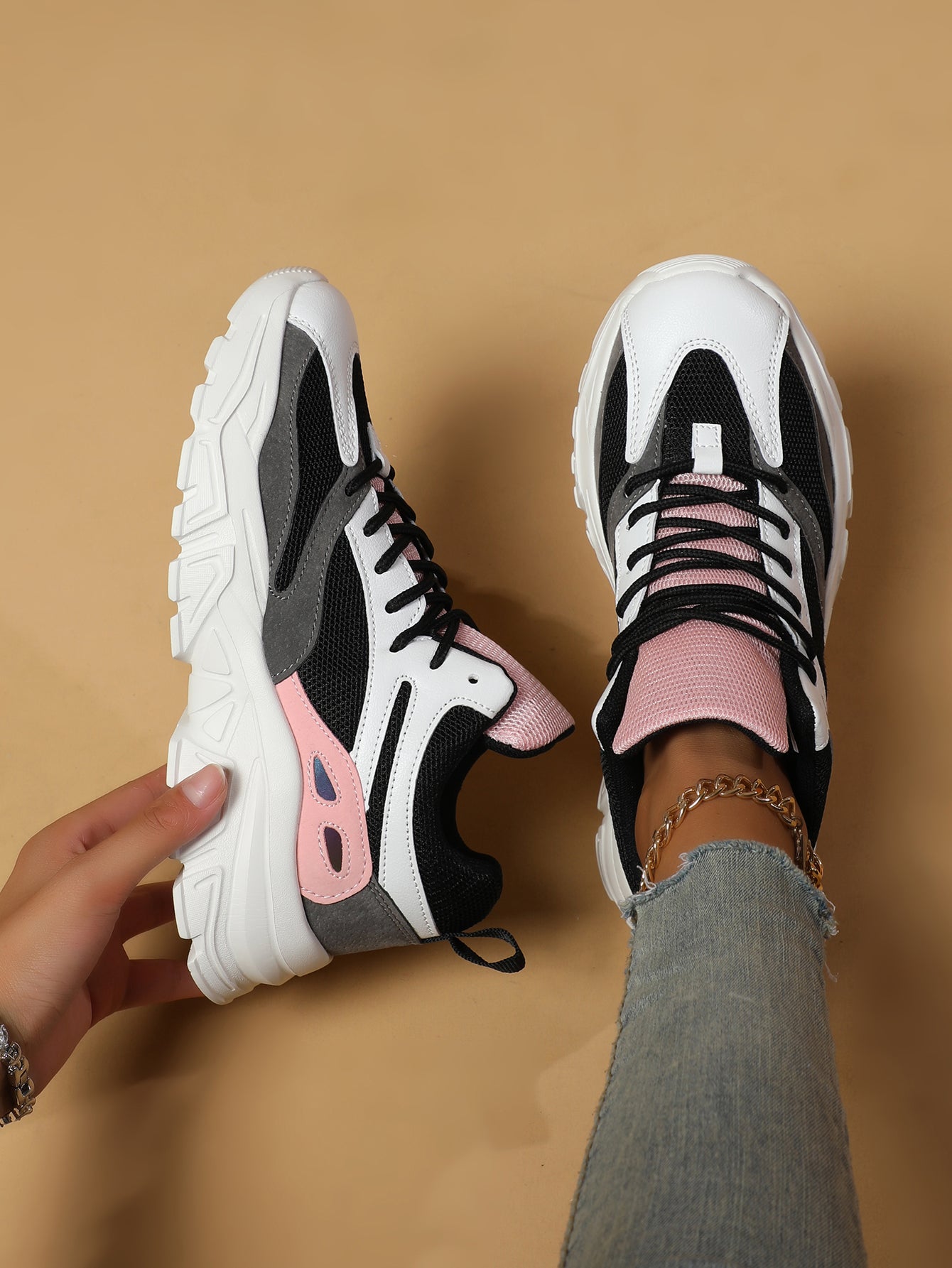 2025 New Women's Color-Block Chunky Dad Sneakers - Black White Pink Mesh Panel, Thick Sole, Retro Fashion Casual Athletic Shoes