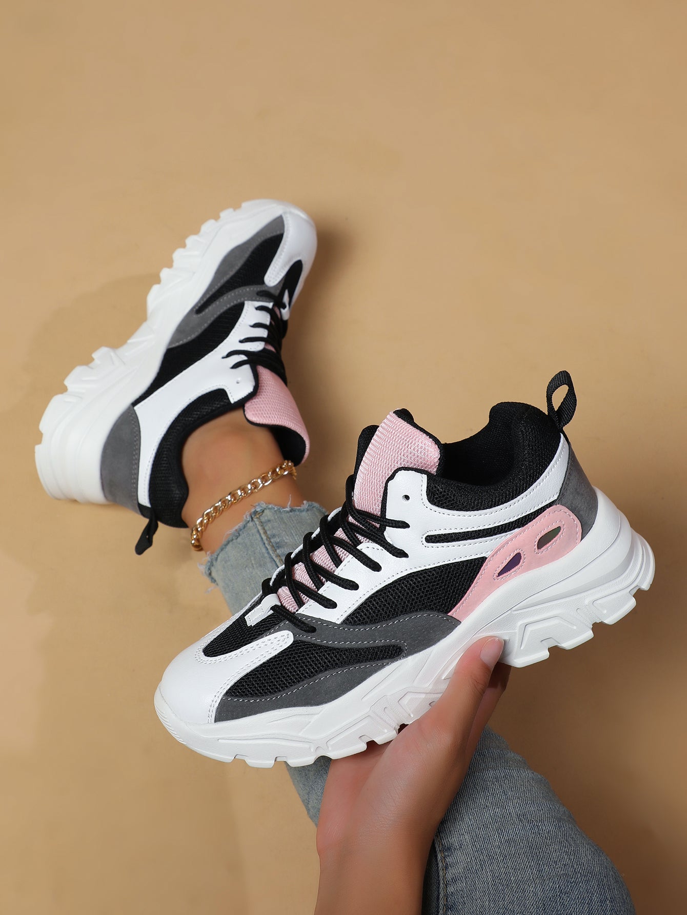 2025 New Women's Color-Block Chunky Dad Sneakers - Black White Pink Mesh Panel, Thick Sole, Retro Fashion Casual Athletic Shoes