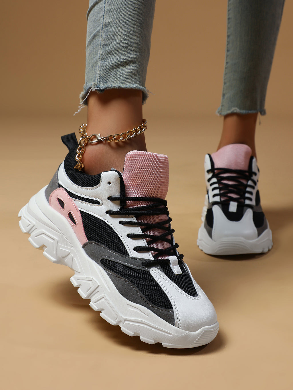 2025 New Women's Color-Block Chunky Dad Sneakers - Black White Pink Mesh Panel, Thick Sole, Retro Fashion Casual Athletic Shoes