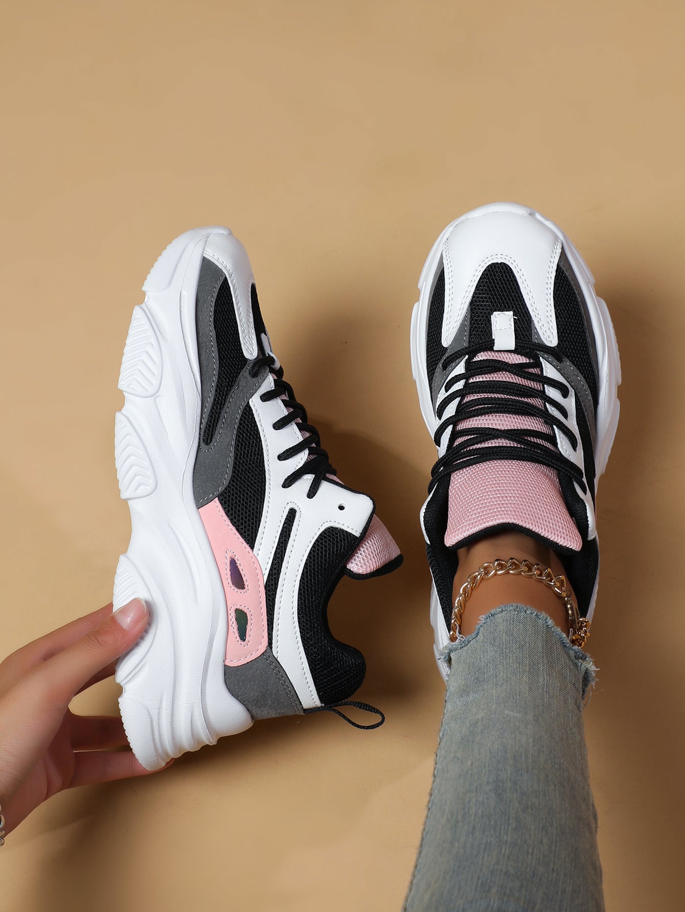 Women's Pink Black White Chunky Dad Sneakers - Fashion Mesh Panel Platform Sneakers for Street Style, Campus & Casual Sports