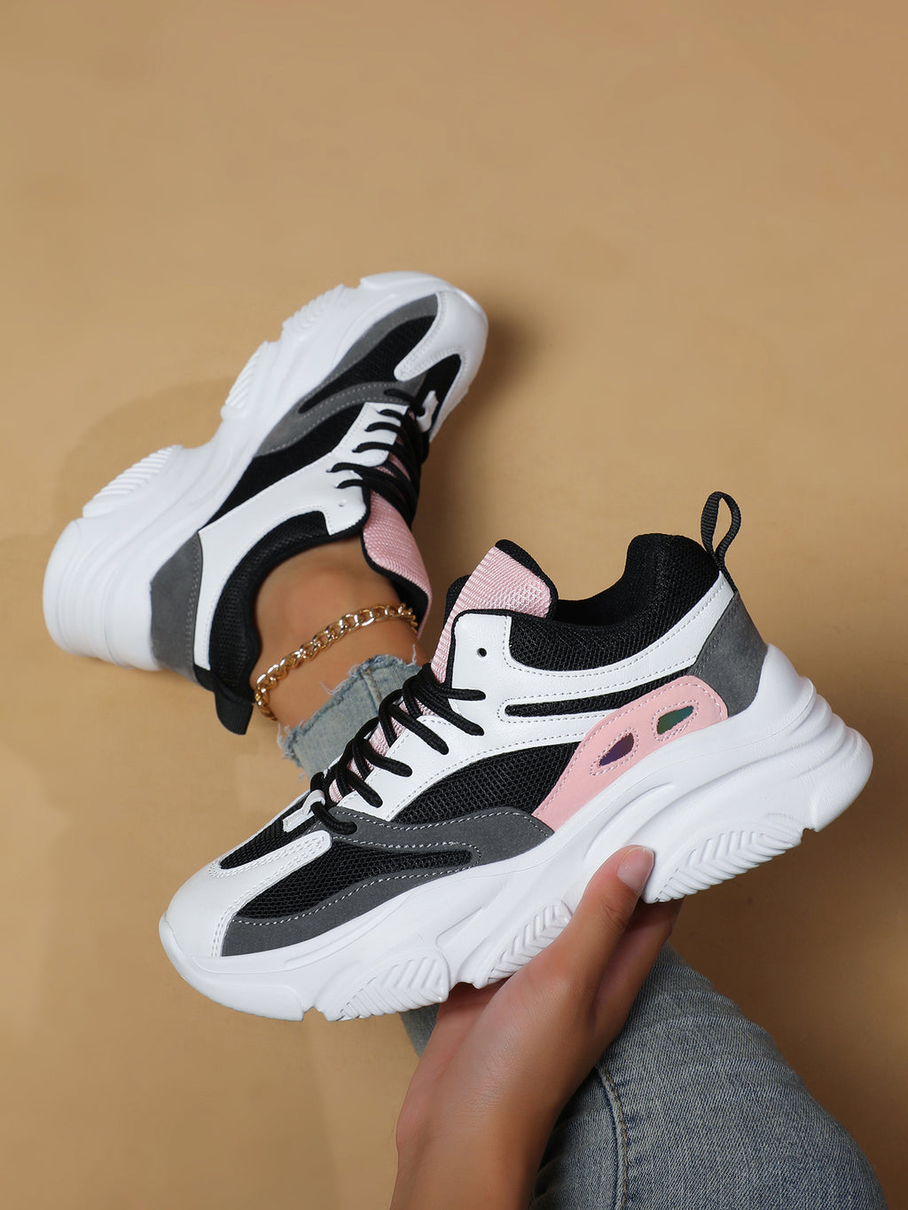 Women's Pink Black White Chunky Dad Sneakers - Fashion Mesh Panel Platform Sneakers for Street Style, Campus & Casual Sports