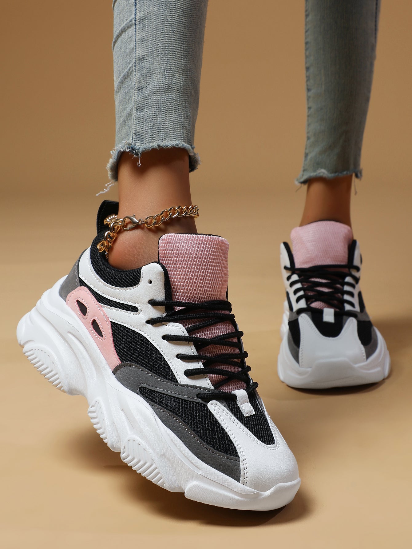 Women's Pink Black White Chunky Dad Sneakers - Fashion Mesh Panel Platform Sneakers for Street Style, Campus & Casual Sports