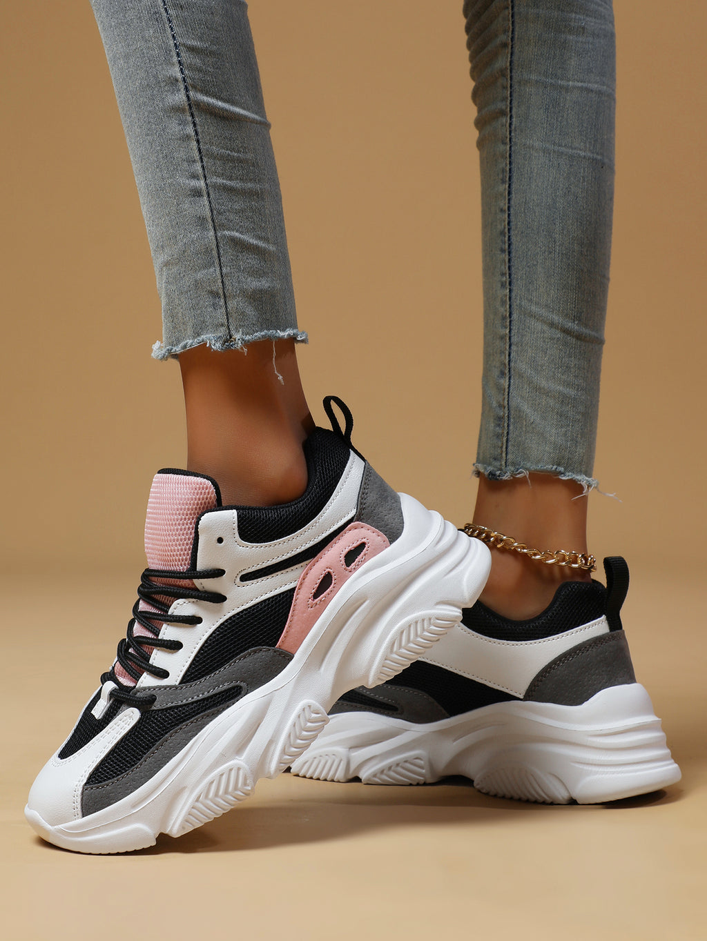 Women's Pink Black White Chunky Dad Sneakers - Fashion Mesh Panel Platform Sneakers for Street Style, Campus & Casual Sports