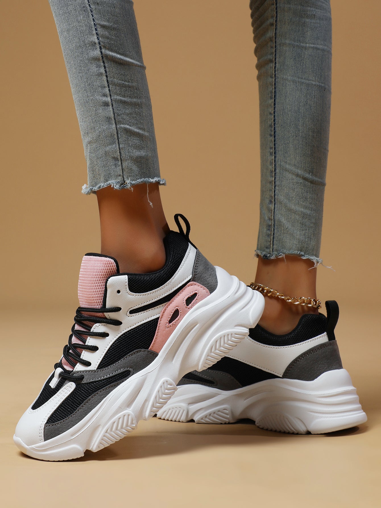 Women's Pink Black White Chunky Dad Sneakers - Fashion Mesh Panel Platform Sneakers for Street Style, Campus & Casual Sports
