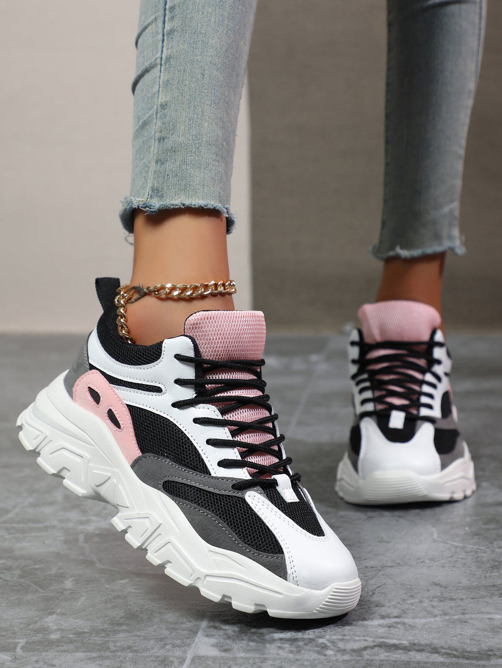 2025 New Women's Color-Block Chunky Dad Sneakers - Black White Pink Mesh Panel, Thick Sole, Retro Fashion Casual Athletic Shoes