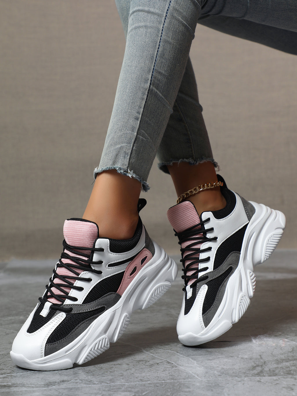 Women's Pink Black White Chunky Dad Sneakers - Fashion Mesh Panel Platform Sneakers for Street Style, Campus & Casual Sports