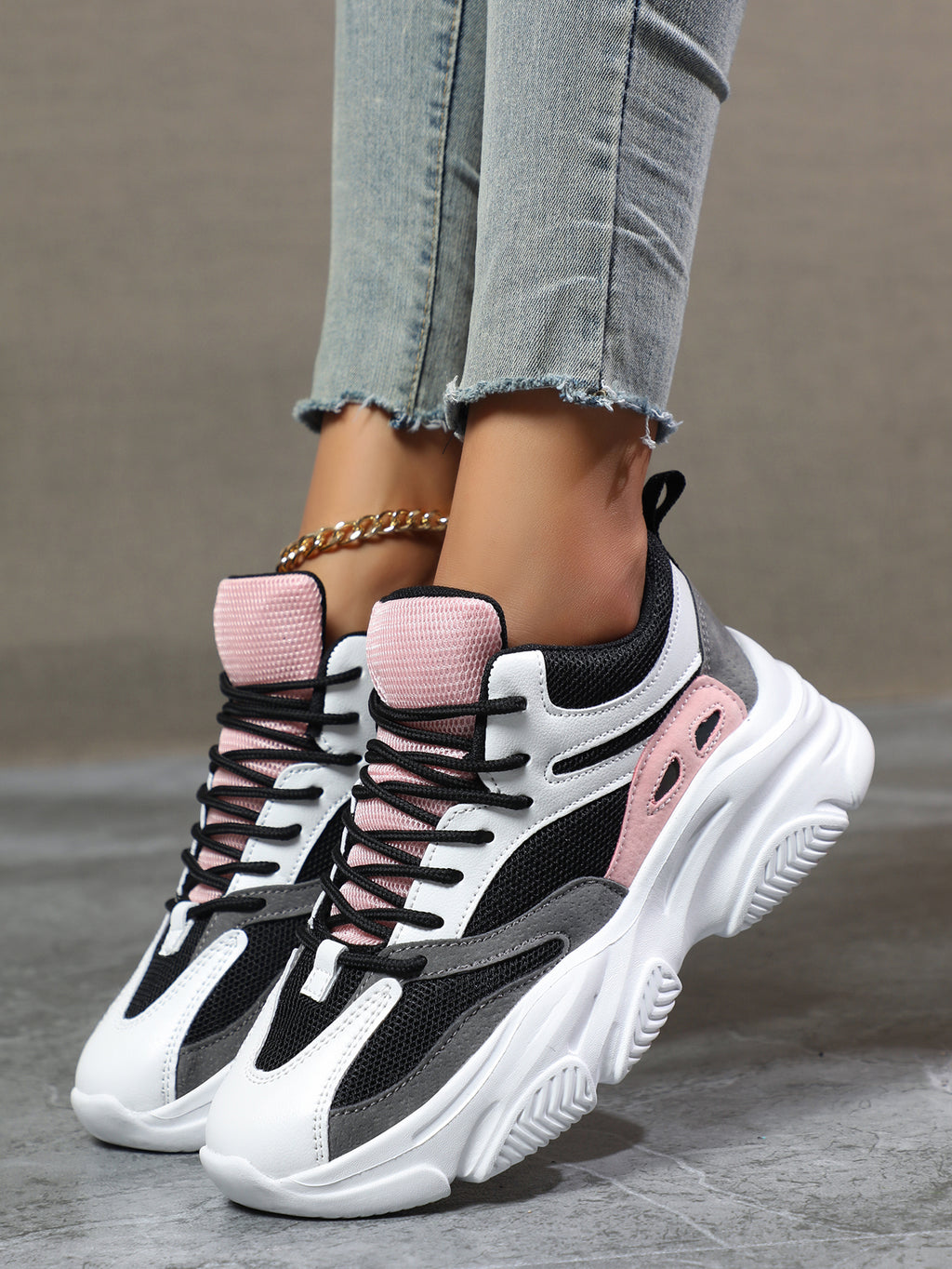 Women's Pink Black White Chunky Dad Sneakers - Fashion Mesh Panel Platform Sneakers for Street Style, Campus & Casual Sports