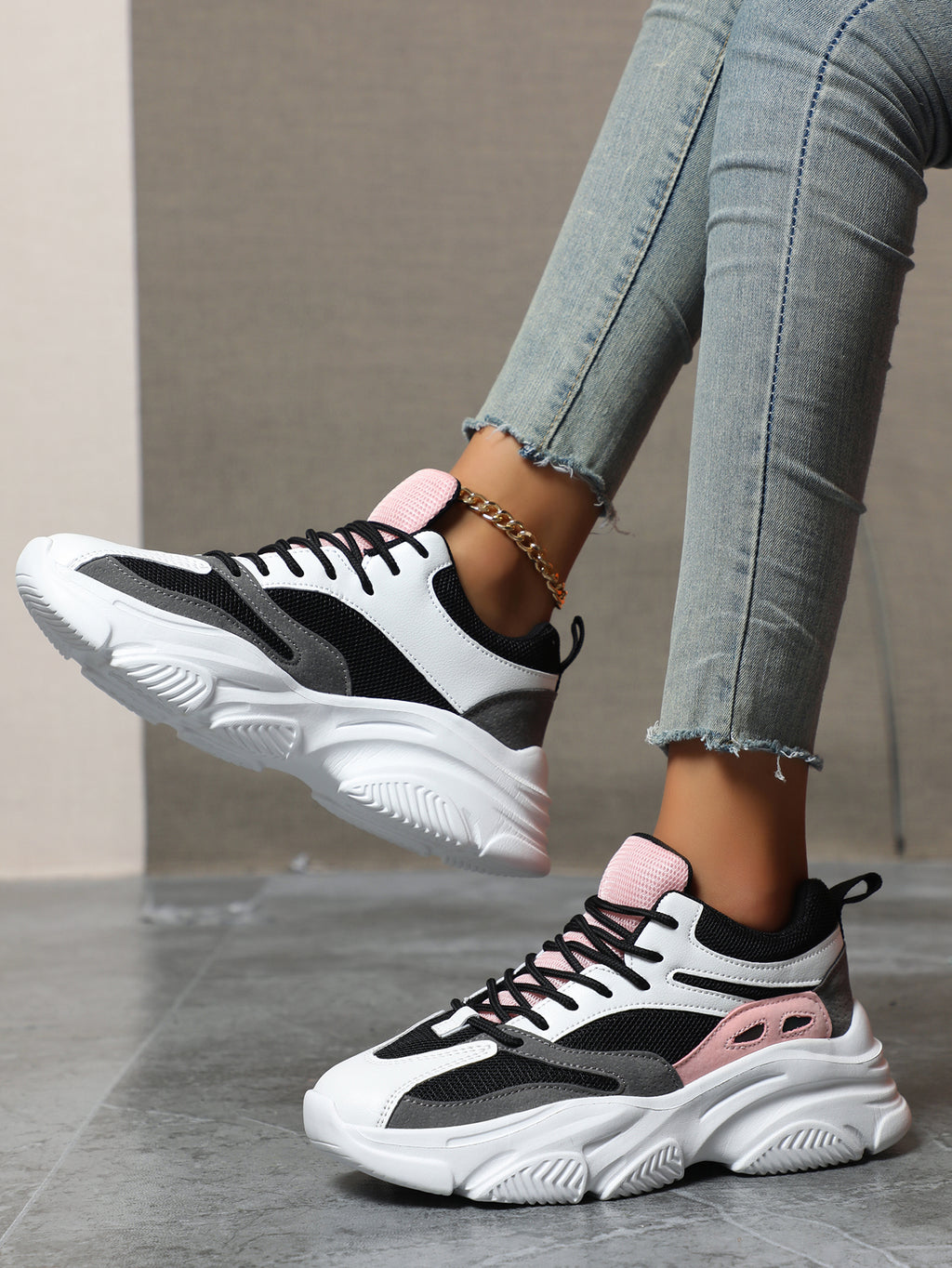 Women's Pink Black White Chunky Dad Sneakers - Fashion Mesh Panel Platform Sneakers for Street Style, Campus & Casual Sports