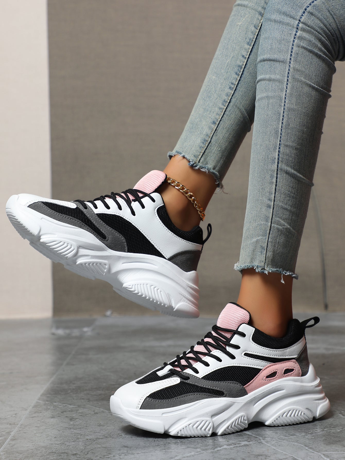 Women's Pink Black White Chunky Dad Sneakers - Fashion Mesh Panel Platform Sneakers for Street Style, Campus & Casual Sports