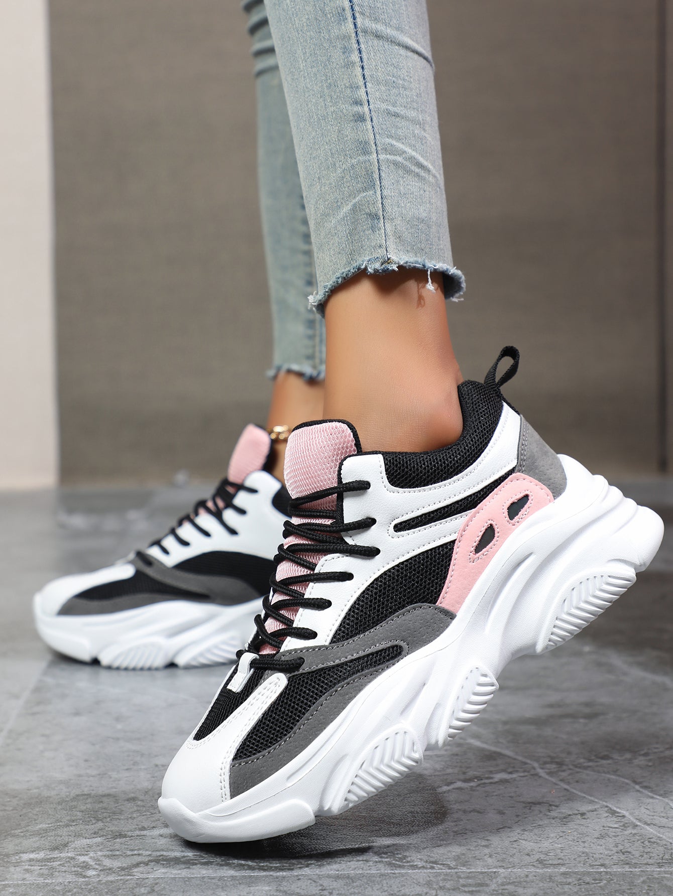 Women's Pink Black White Chunky Dad Sneakers - Fashion Mesh Panel Platform Sneakers for Street Style, Campus & Casual Sports