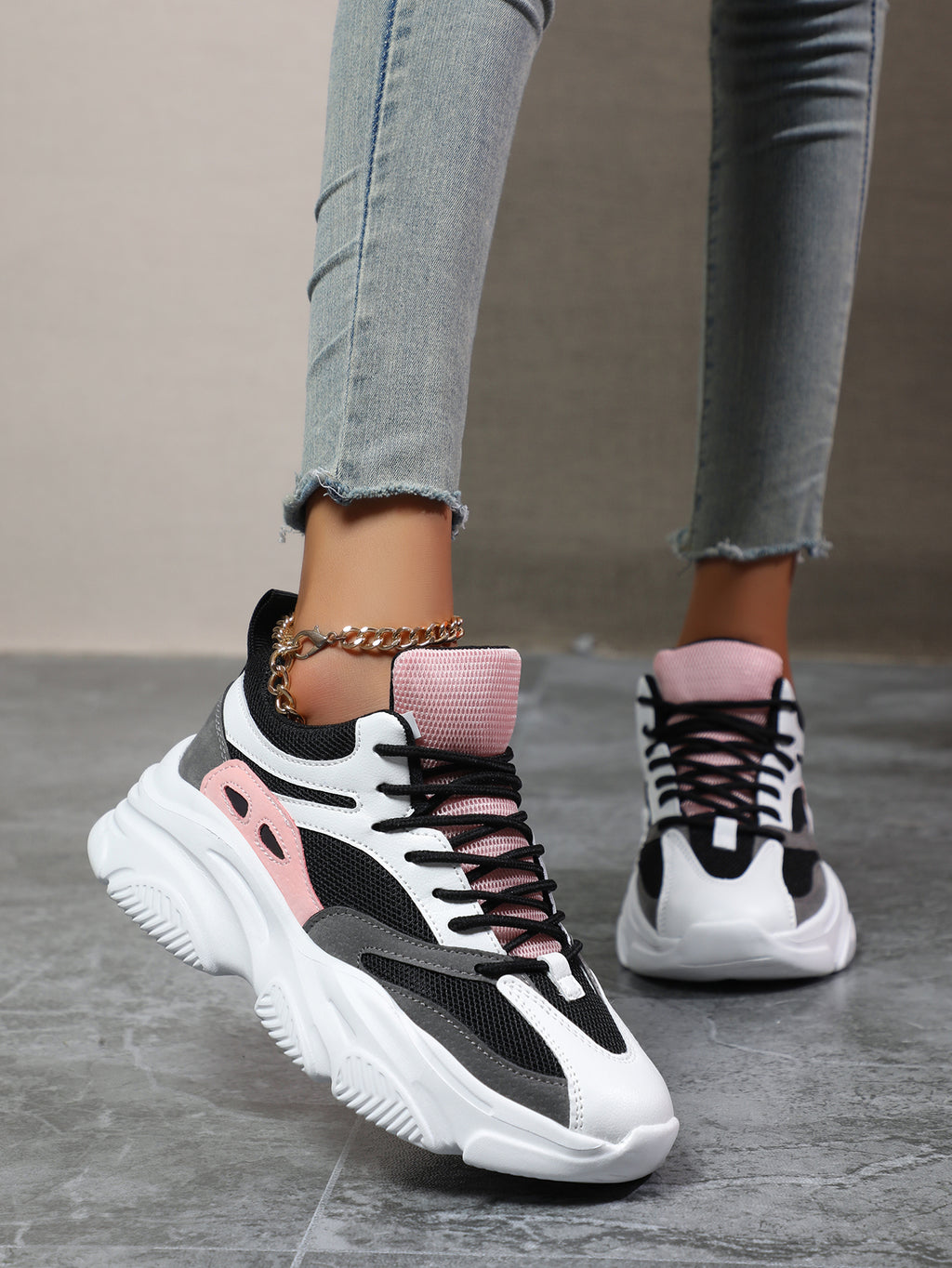 Women's Pink Black White Chunky Dad Sneakers - Fashion Mesh Panel Platform Sneakers for Street Style, Campus & Casual Sports