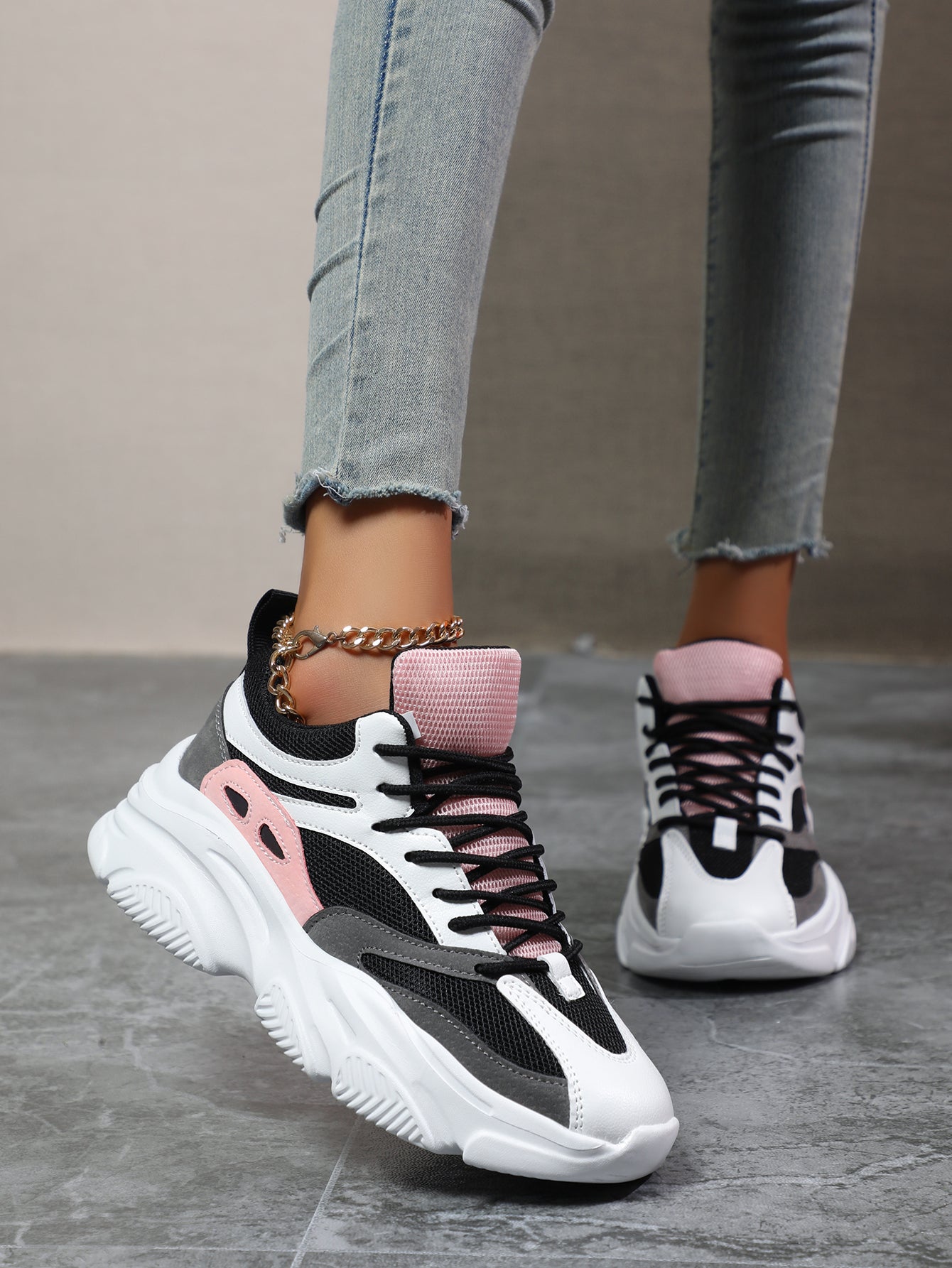 Women's Pink Black White Chunky Dad Sneakers - Fashion Mesh Panel Platform Sneakers for Street Style, Campus & Casual Sports
